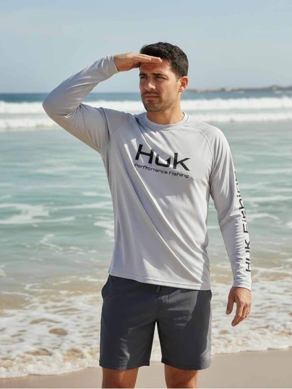 Huk Men’s Long Sleeve Rash Guard in Light Gray with Black Logo (3 location)